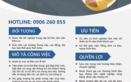 Công ty cổ phần Quản lý và Khai thác tòa nhà PMC tuyển Quản lý sảnh